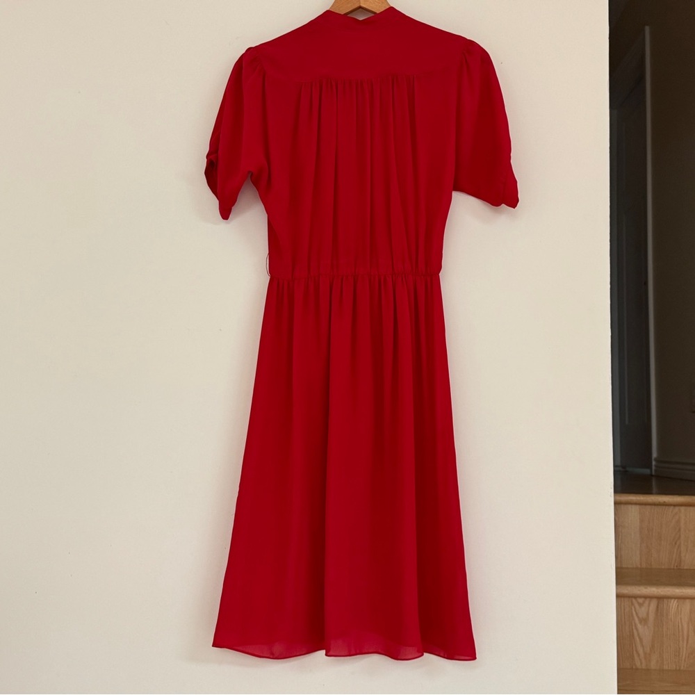 Vintage A-Line Midi Dress Size S Sheer Elastic Waist Solid Red Retro Feminine - Picture 6 of 11
